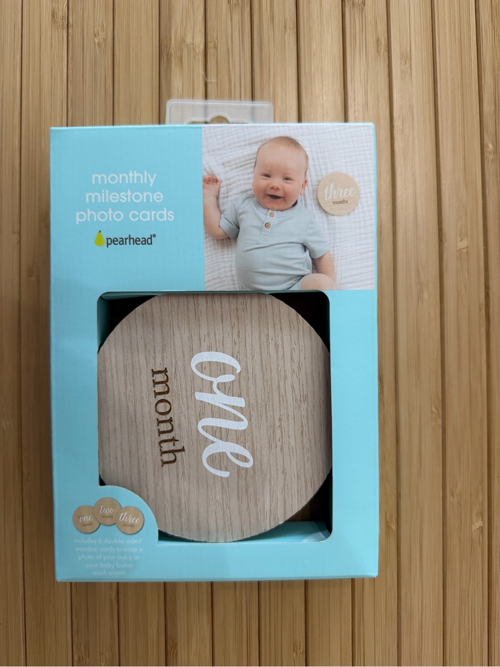 Pearhead Light Blue Baby Monthly Milestone Photo Cards with Wood Accent
